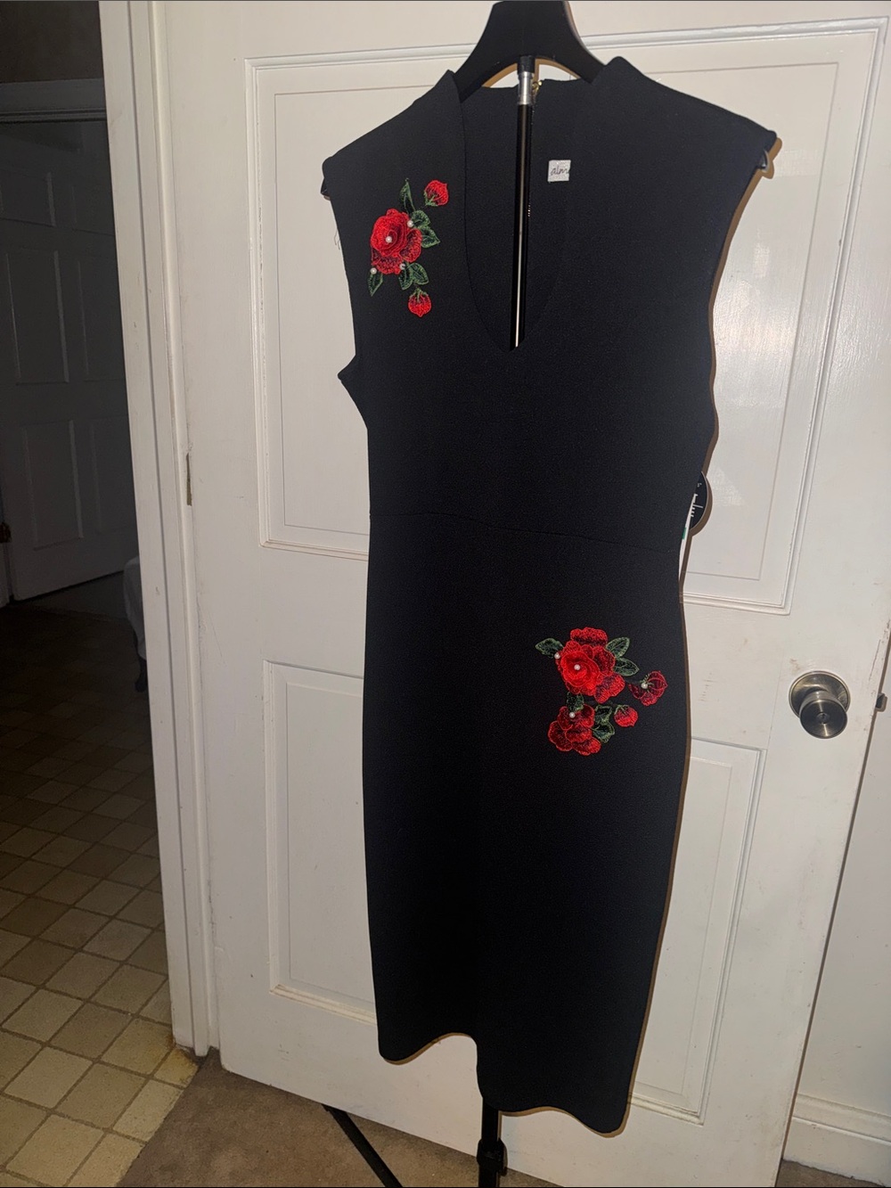 Almost Famous Black Midi Dress with Red Floral Appliqués